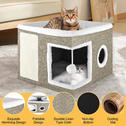 Cat Bed,  Cat House for Indoor Cats with 2 Cushion, Large Cat Cave with Scratch Pad and Fluffy Ball Hanging,Brown