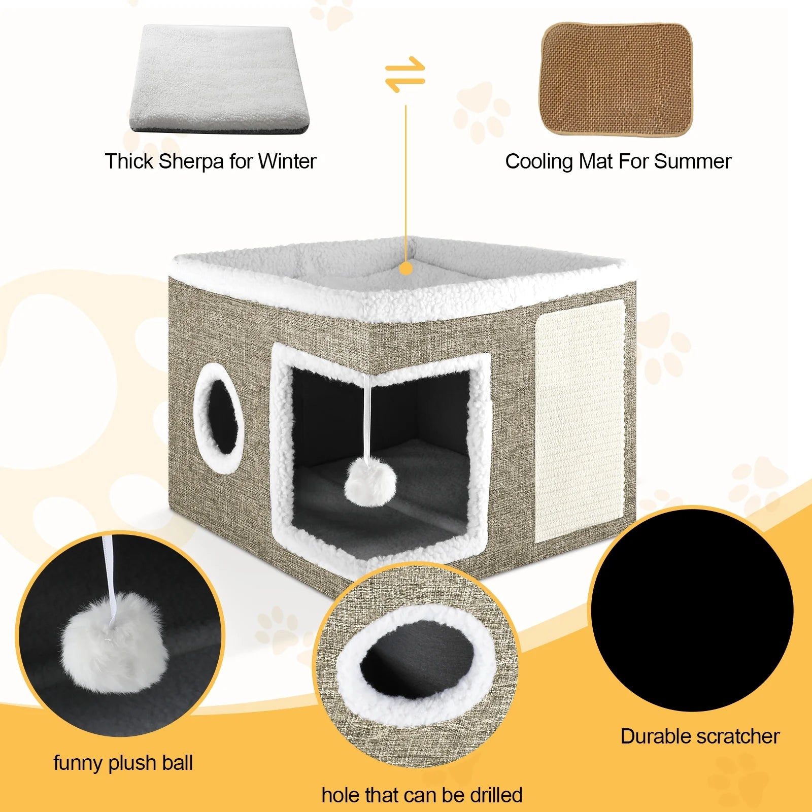 Cat Bed,  Cat House for Indoor Cats with 2 Cushion, Large Cat Cave with Scratch Pad and Fluffy Ball Hanging,Brown