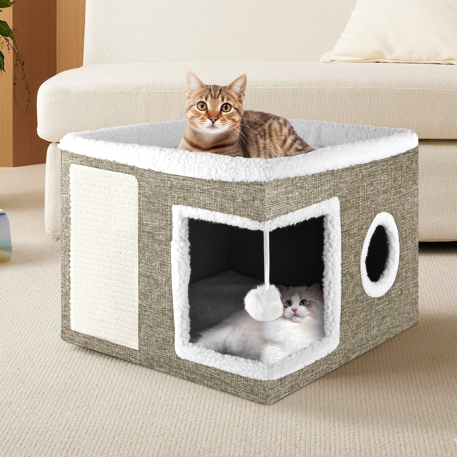 Cat Bed,  Cat House for Indoor Cats with 2 Cushion, Large Cat Cave with Scratch Pad and Fluffy Ball Hanging,Brown