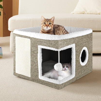 Cat Bed,  Cat House for Indoor Cats with 2 Cushion, Large Cat Cave with Scratch Pad and Fluffy Ball Hanging,Brown
