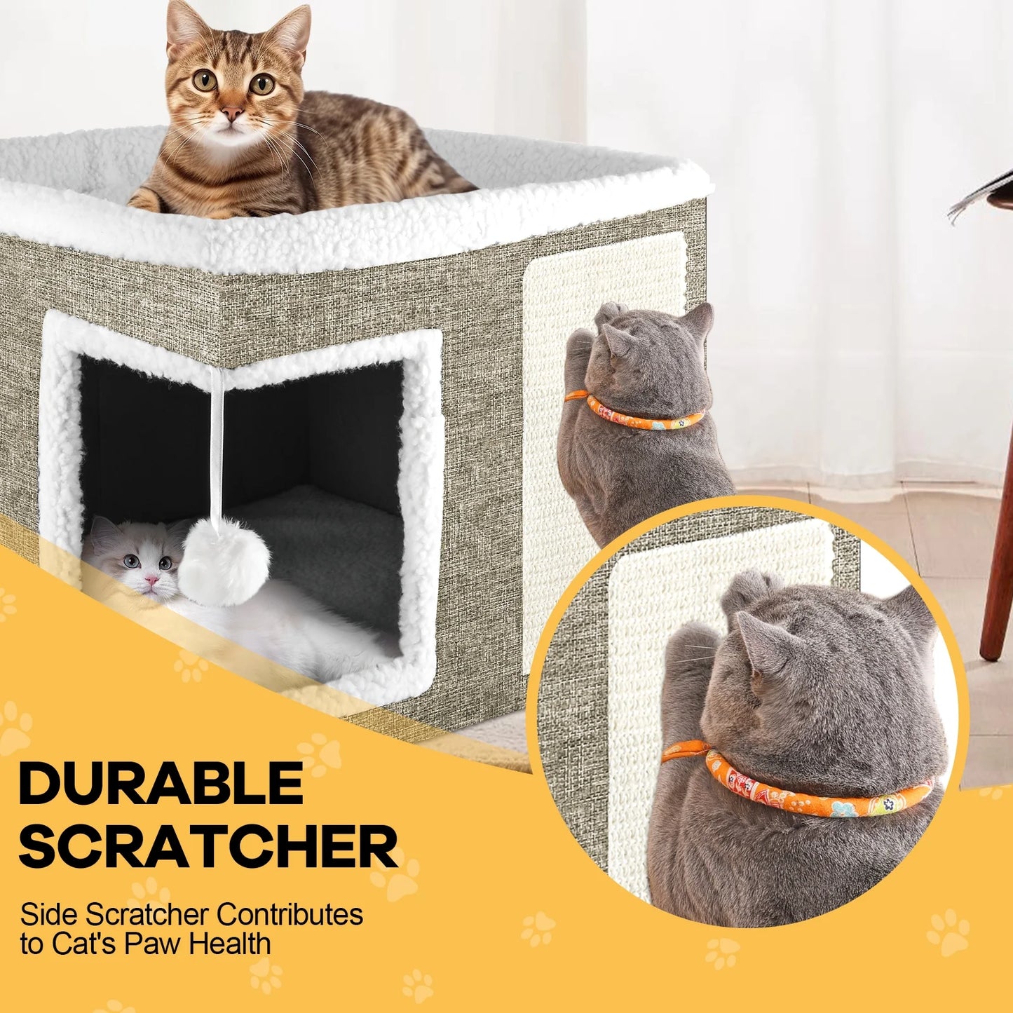 Cat Bed,  Cat House for Indoor Cats with 2 Cushion, Large Cat Cave with Scratch Pad and Fluffy Ball Hanging,Brown