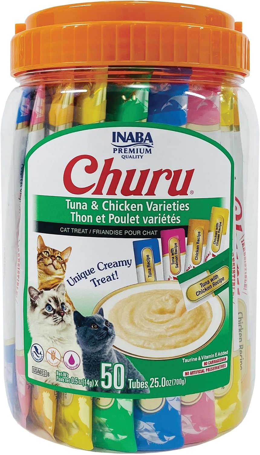 INABA Churu Treats Cats Tuna Variety Cats Treats for Cat, 50 Count 700 Grams, Tuna & Chicken Variety