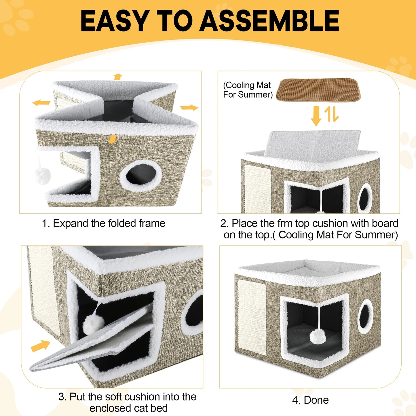 Cat Bed,  Cat House for Indoor Cats with 2 Cushion, Large Cat Cave with Scratch Pad and Fluffy Ball Hanging,Brown