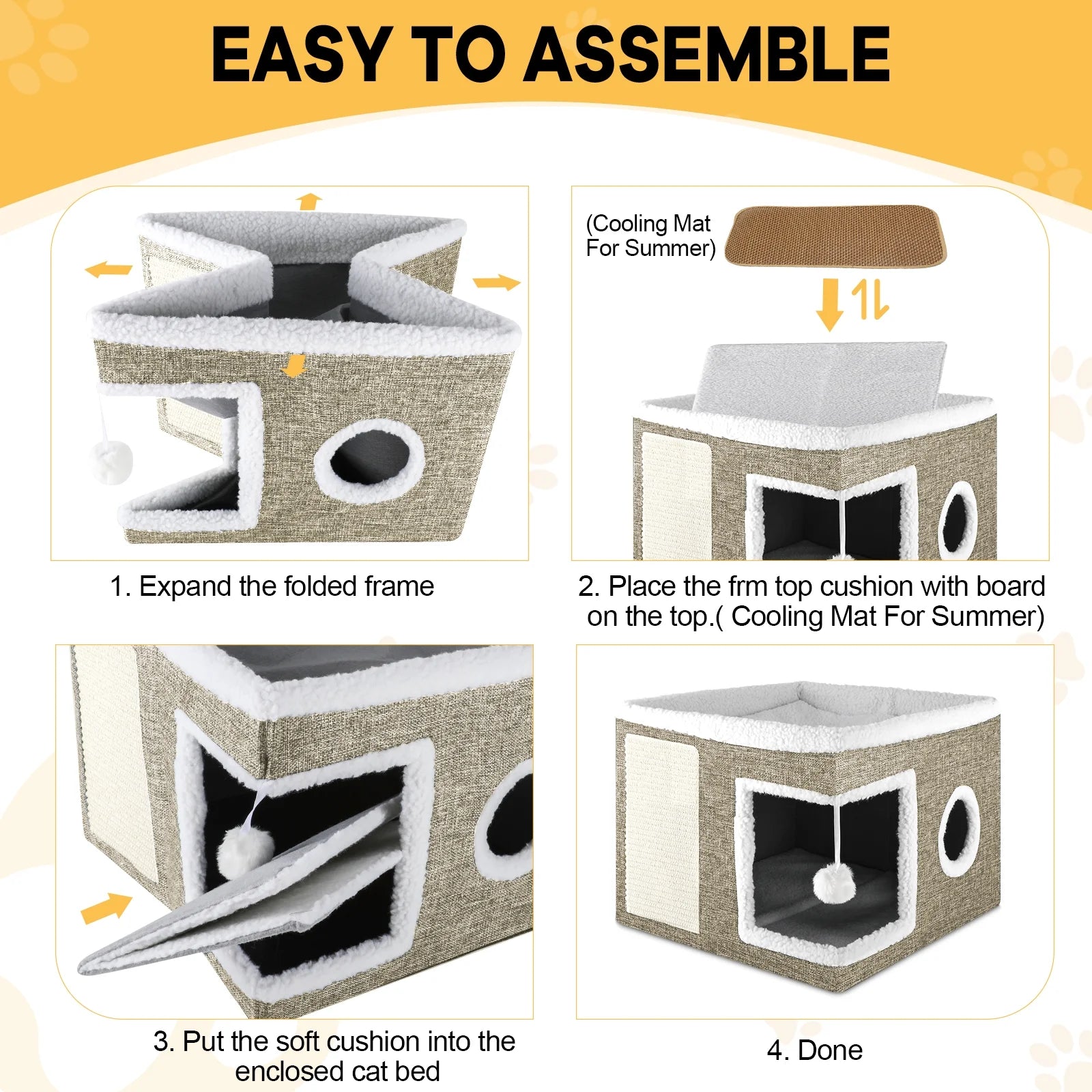 Cat Bed,  Cat House for Indoor Cats with 2 Cushion, Large Cat Cave with Scratch Pad and Fluffy Ball Hanging,Brown