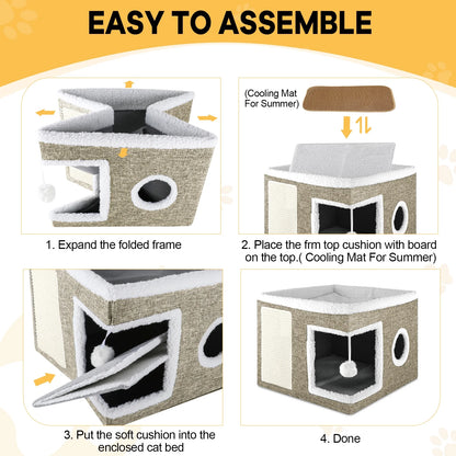 Cat Bed,  Cat House for Indoor Cats with 2 Cushion, Large Cat Cave with Scratch Pad and Fluffy Ball Hanging,Brown