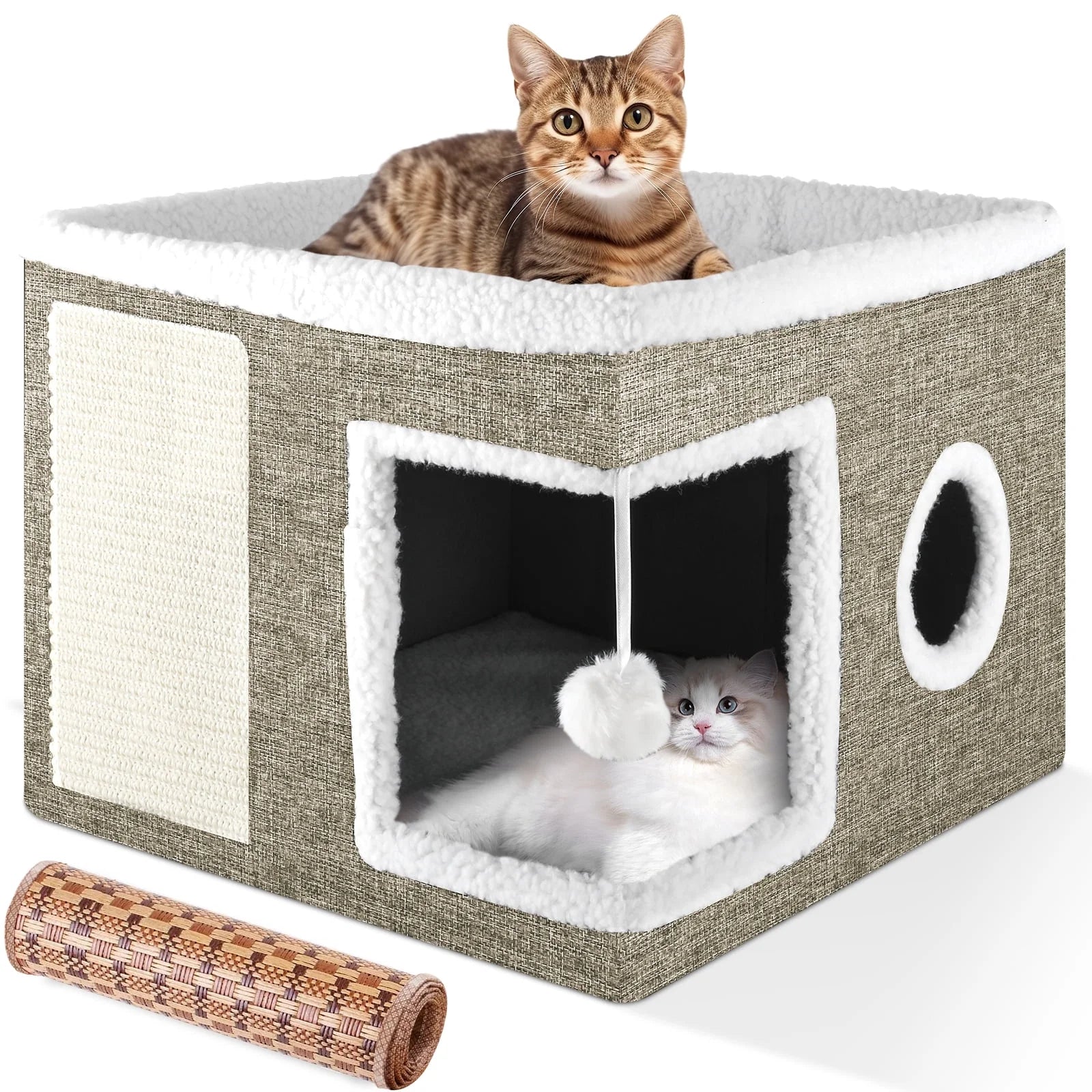 Cat Bed,  Cat House for Indoor Cats with 2 Cushion, Large Cat Cave with Scratch Pad and Fluffy Ball Hanging,Brown