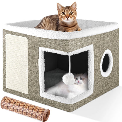 Cat Bed,  Cat House for Indoor Cats with 2 Cushion, Large Cat Cave with Scratch Pad and Fluffy Ball Hanging,Brown