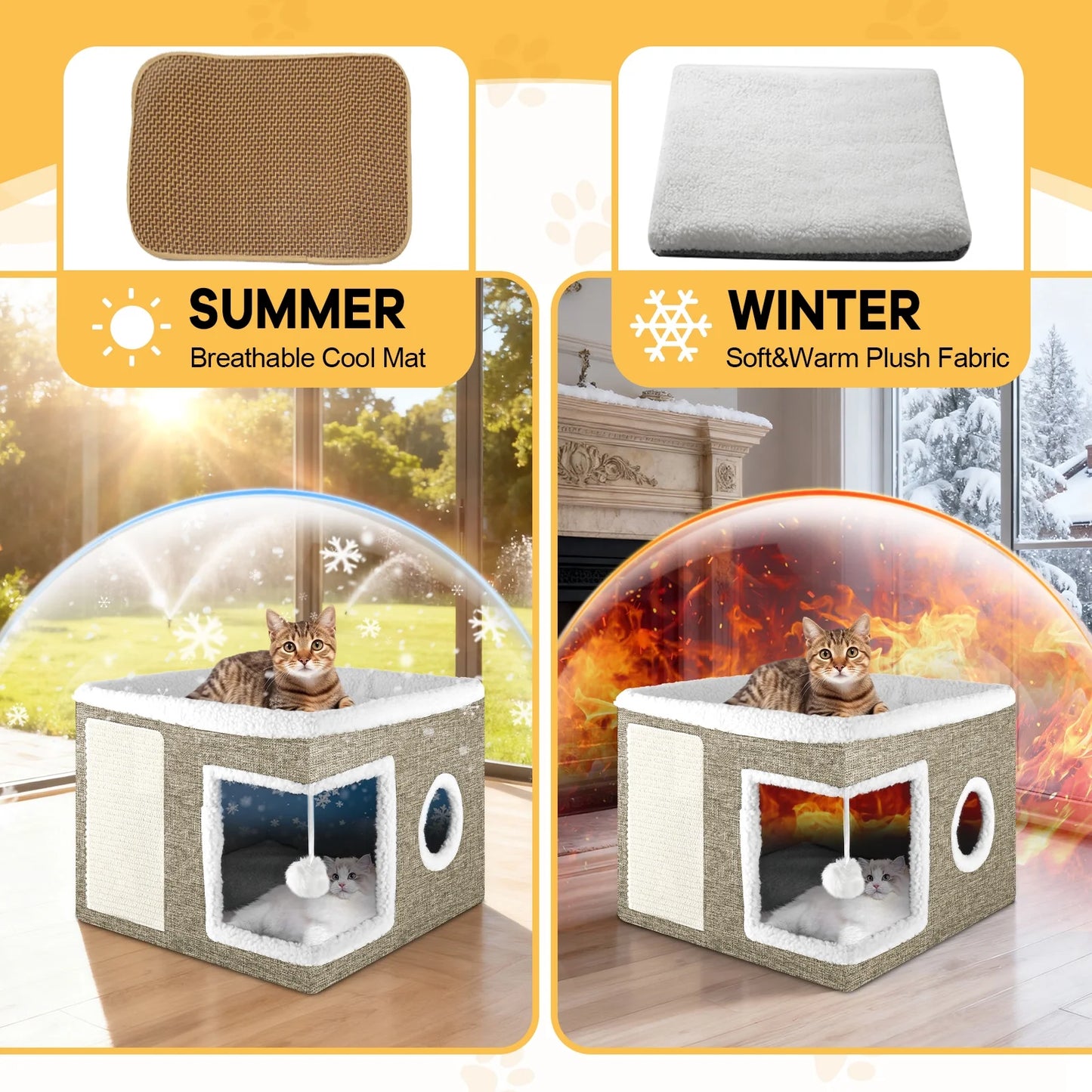 Cat Bed,  Cat House for Indoor Cats with 2 Cushion, Large Cat Cave with Scratch Pad and Fluffy Ball Hanging,Brown