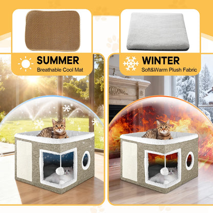 Cat Bed,  Cat House for Indoor Cats with 2 Cushion, Large Cat Cave with Scratch Pad and Fluffy Ball Hanging,Brown