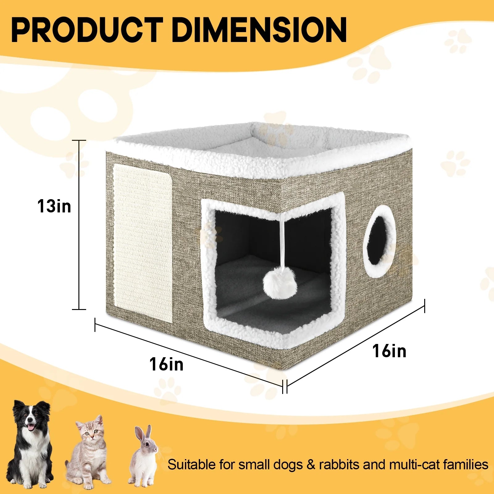 Cat Bed,  Cat House for Indoor Cats with 2 Cushion, Large Cat Cave with Scratch Pad and Fluffy Ball Hanging,Brown