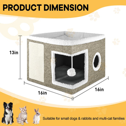Cat Bed,  Cat House for Indoor Cats with 2 Cushion, Large Cat Cave with Scratch Pad and Fluffy Ball Hanging,Brown