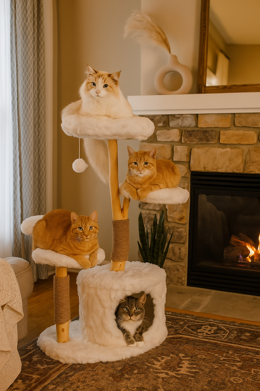 Elegant Cat Haven: Modern White Cat Tree with Natural Branch Design for Stylish Indoor Living